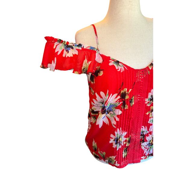 Miss Me Cold Shoulder Red Floral Top | Size M | Adjustable Straps | Boho Vibe - Picture 3 of 12